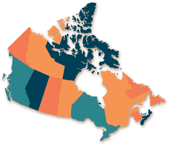 Carte multicolore du Canada sur laquelle figurent toutes les provinces et tous les territoires